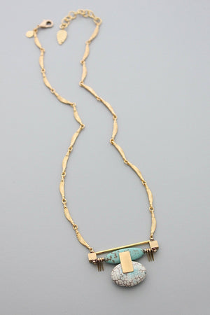 GND420 art deco turquoise and white pendant with textured bar chain necklace