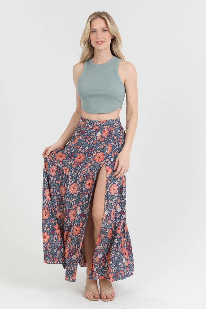 FLORAL PRINT MAXI SKIRT WITH HIGH SLIT