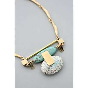 GND420 art deco turquoise and white pendant with textured bar chain necklace