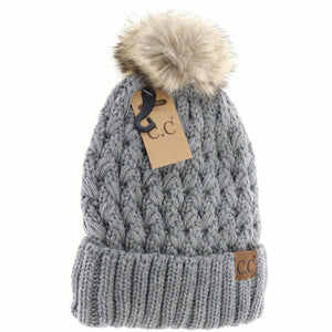 Solid Lattice Stitch Fur Pom CC Beanie YJ826