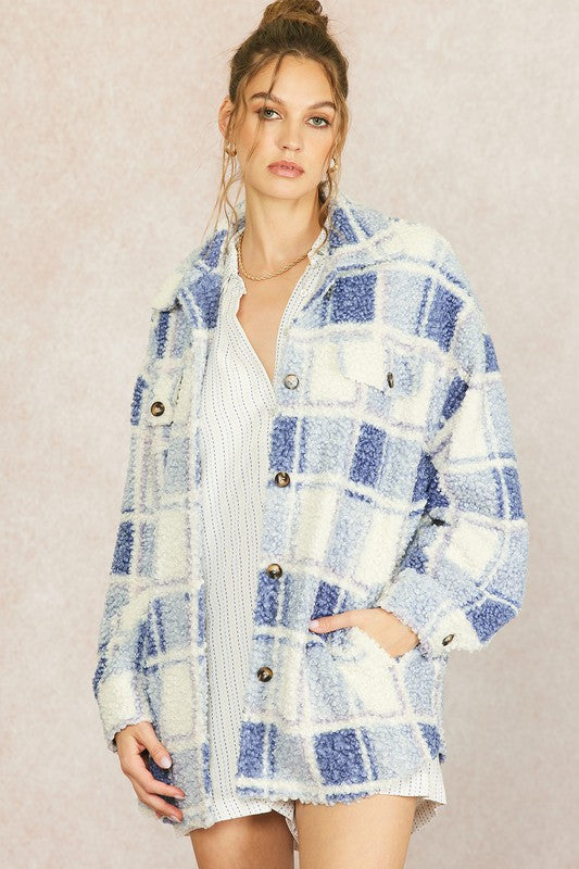 Blue Plaid Teddy Shacket