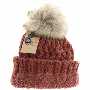 Solid Lattice Stitch Fur Pom CC Beanie YJ826