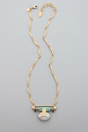 GND420 art deco turquoise and white pendant with textured bar chain necklace