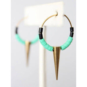 MDSE02 Green vulcanite and brass spike hoop earrings